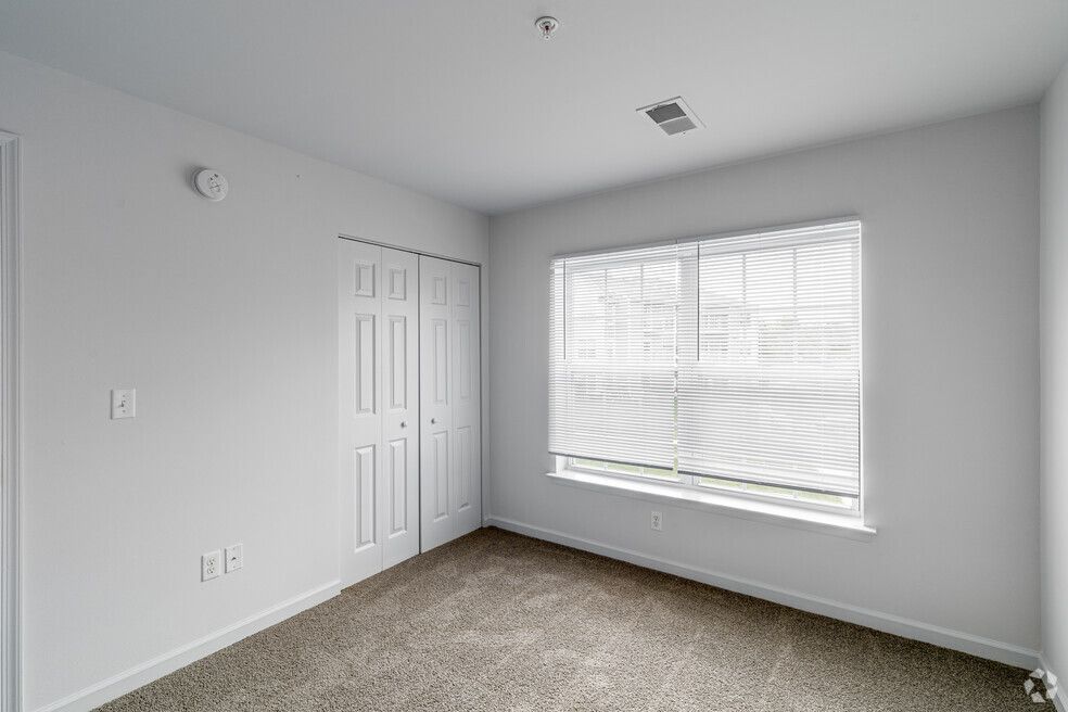 Empty white room with closed closet, window with blinds, and carpeted floor.