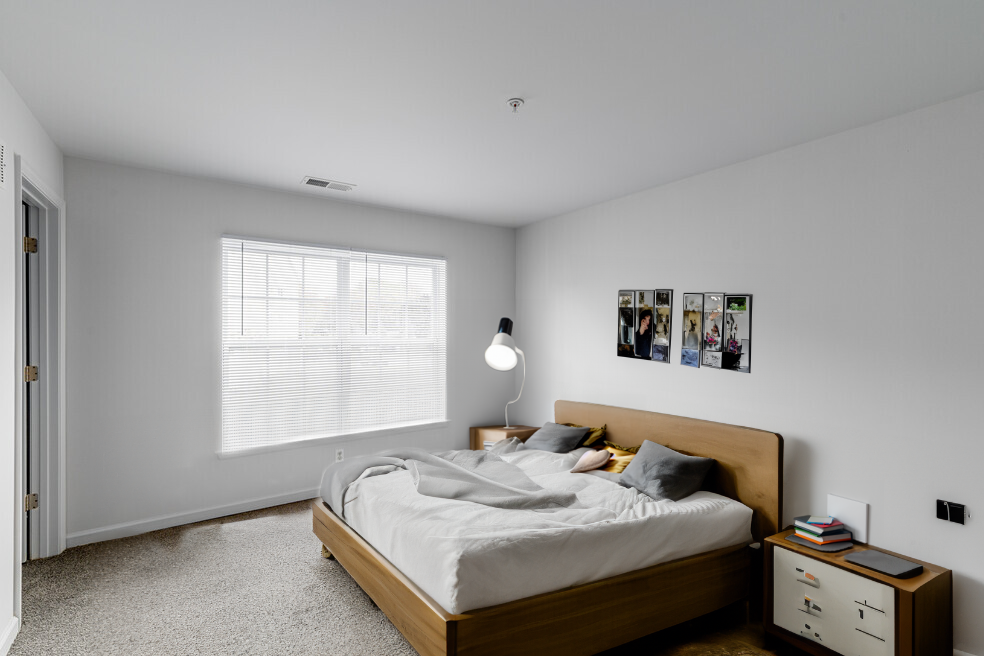 Bedroom with bed, nightstands, window, artwork, and lamp. White walls and neutral carpet.