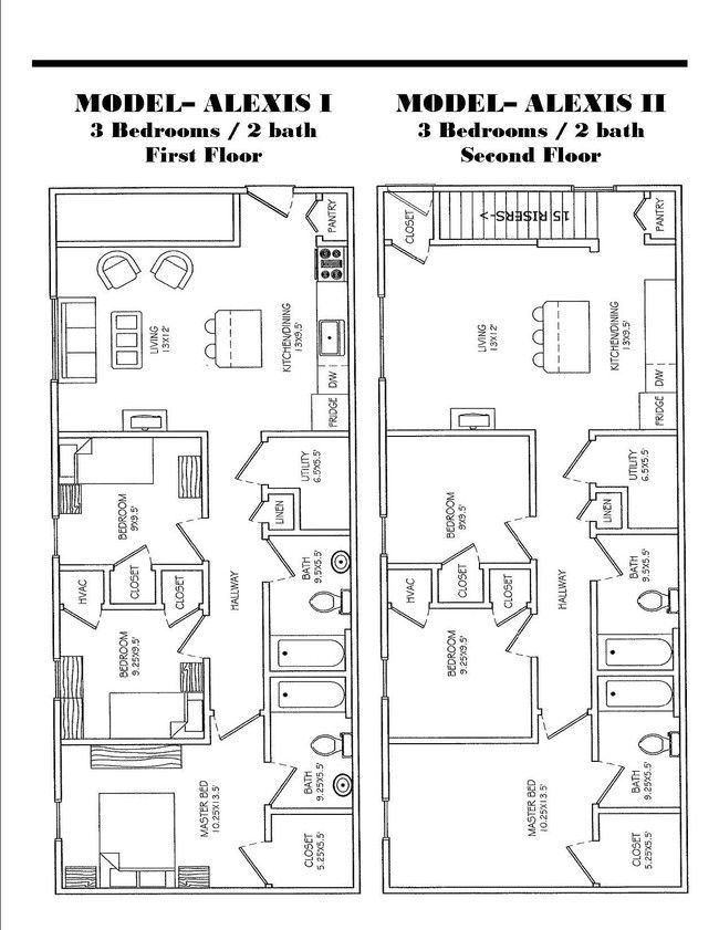 Floor plans for two models of Alexis apartments: Model I (first floor) and Model II (second floor), each with 3 bedrooms/2 bathrooms.