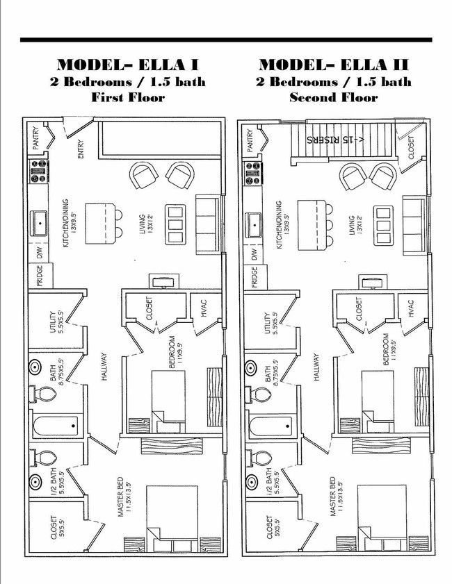 Floor plans for two-bedroom, 1.5-bath Ella models; Model I is first floor, Model II is second.