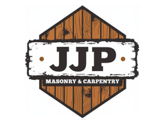 Logo for "JJP Masonry & Carpentry" with black text on a white textured rectangle over a brown wooden hexagon background.