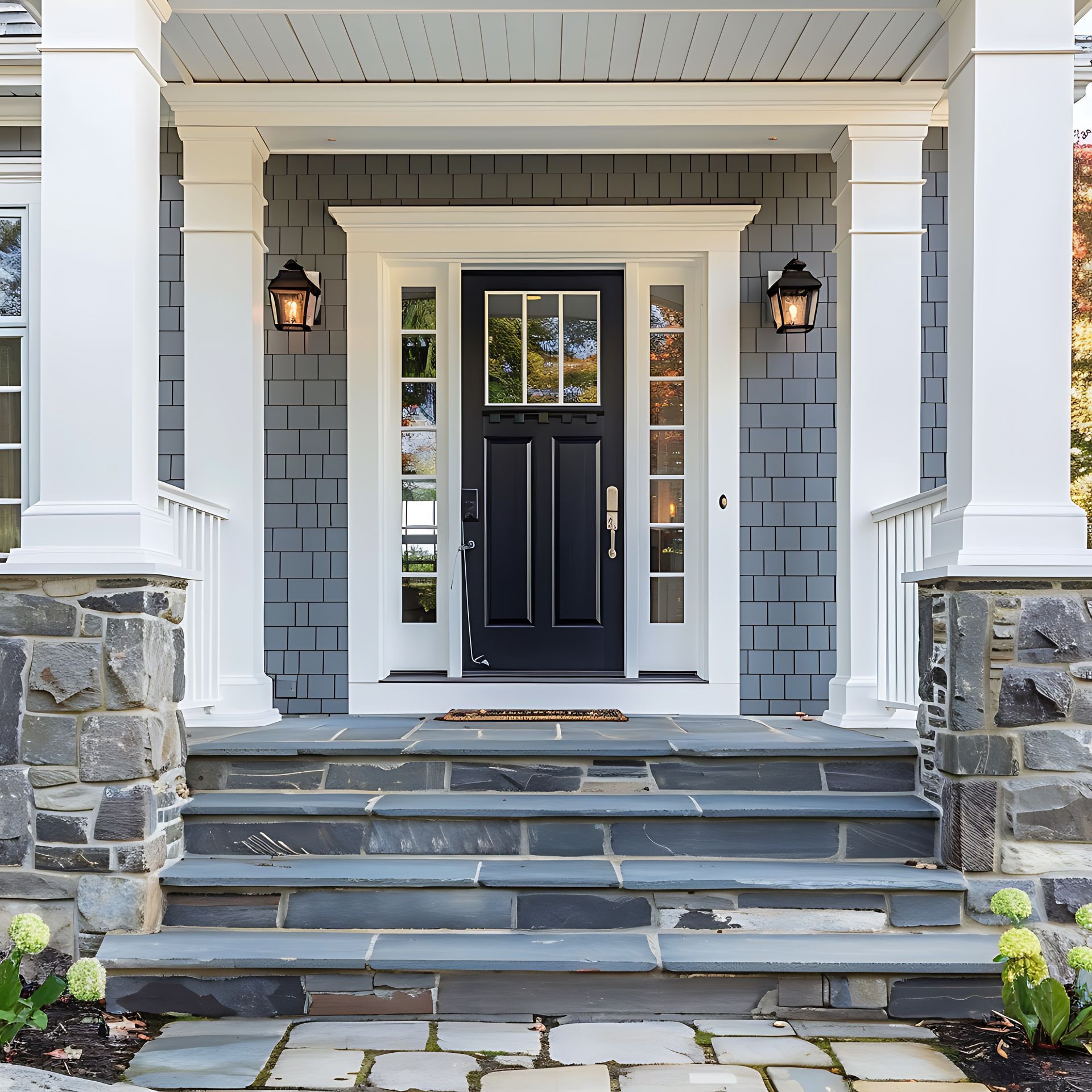 The front door of a house with a black door
