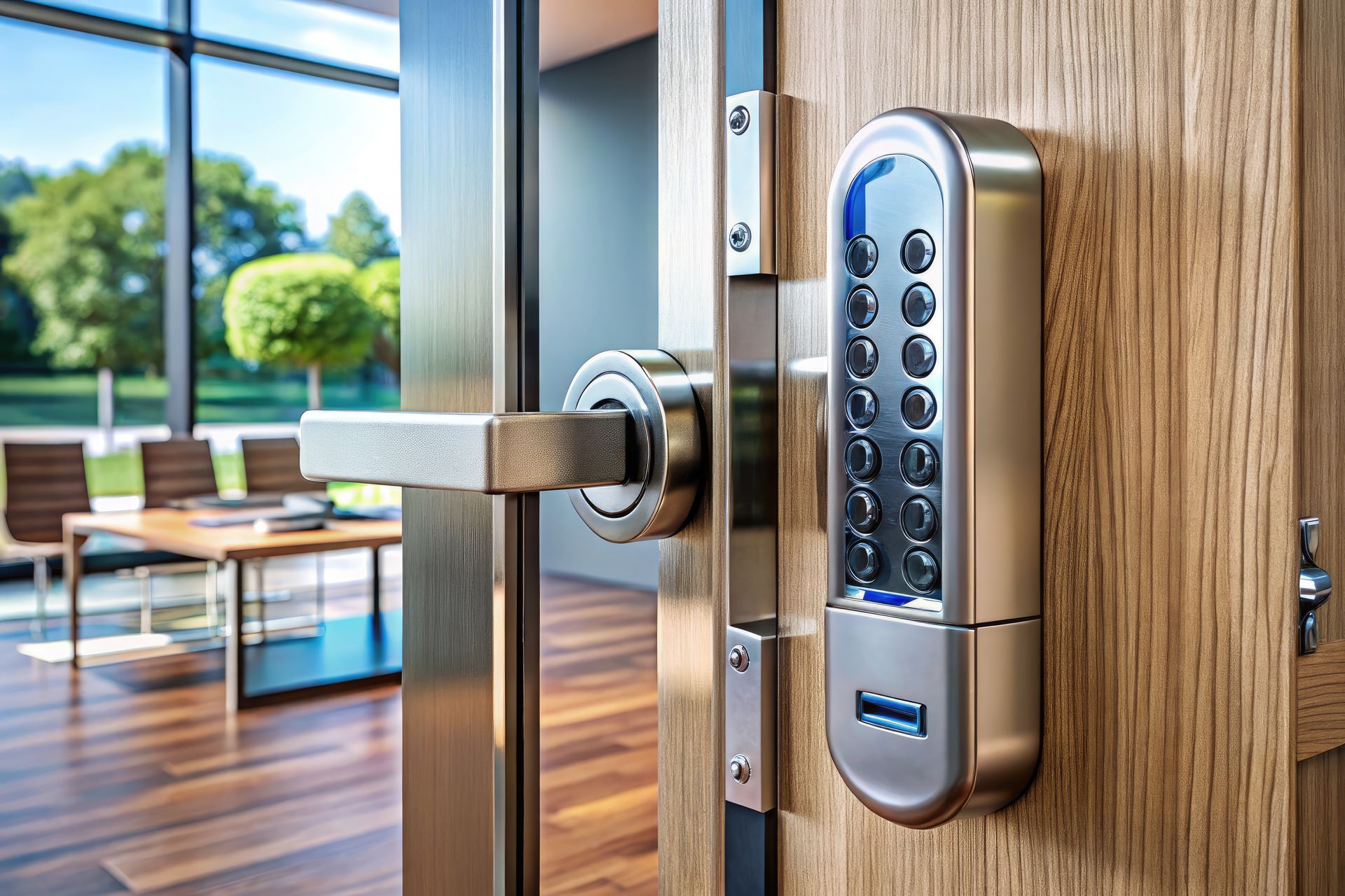 A modern door with a keypad lock and handle. Open door leads to a conference table and chairs.