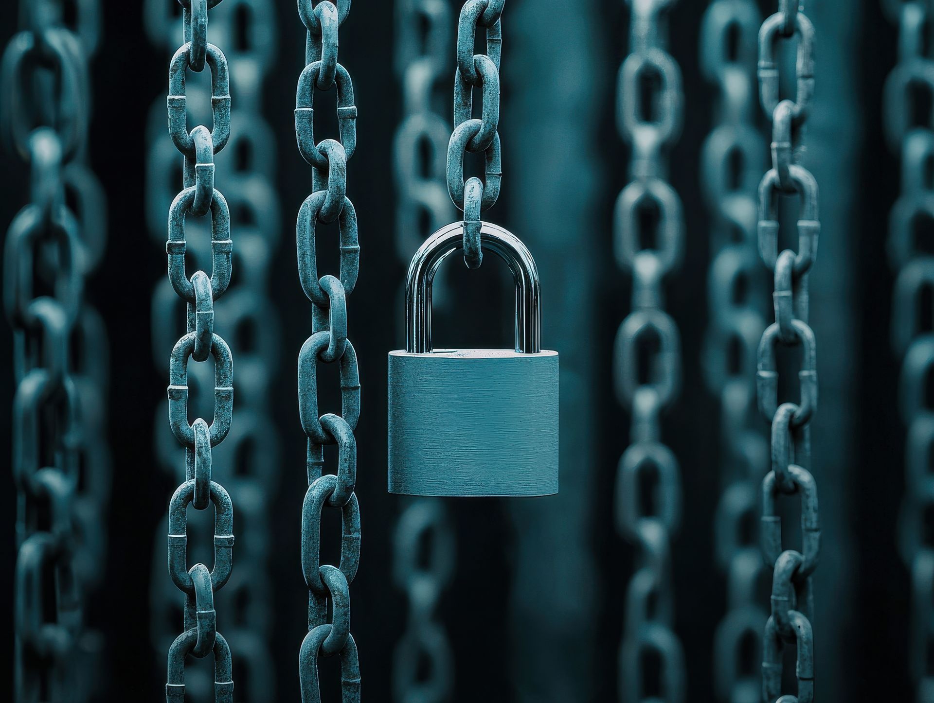 Padlock hanging on a chain, surrounded by chains in a blue-toned setting.