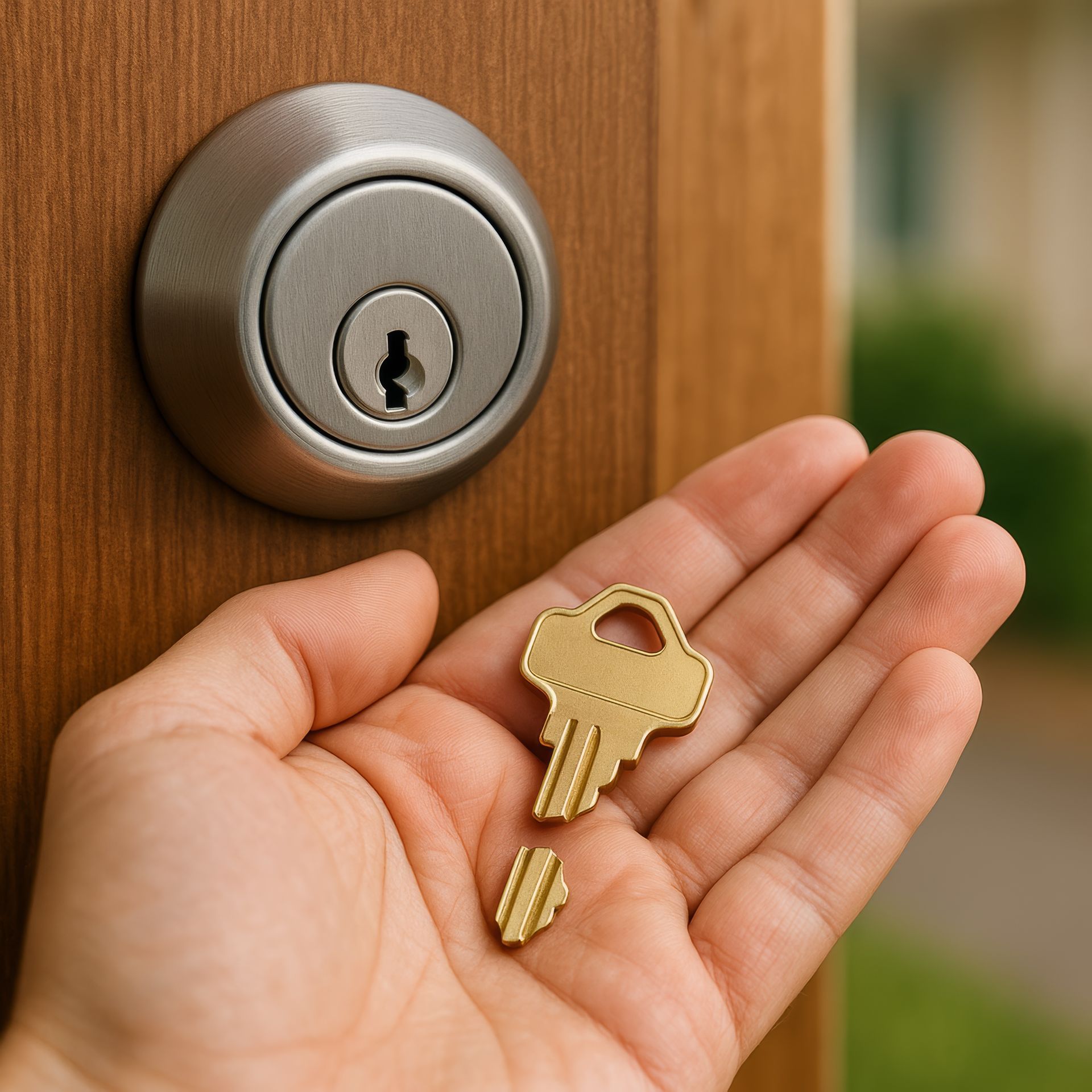 Hand holding a broken key in front of a door lock.