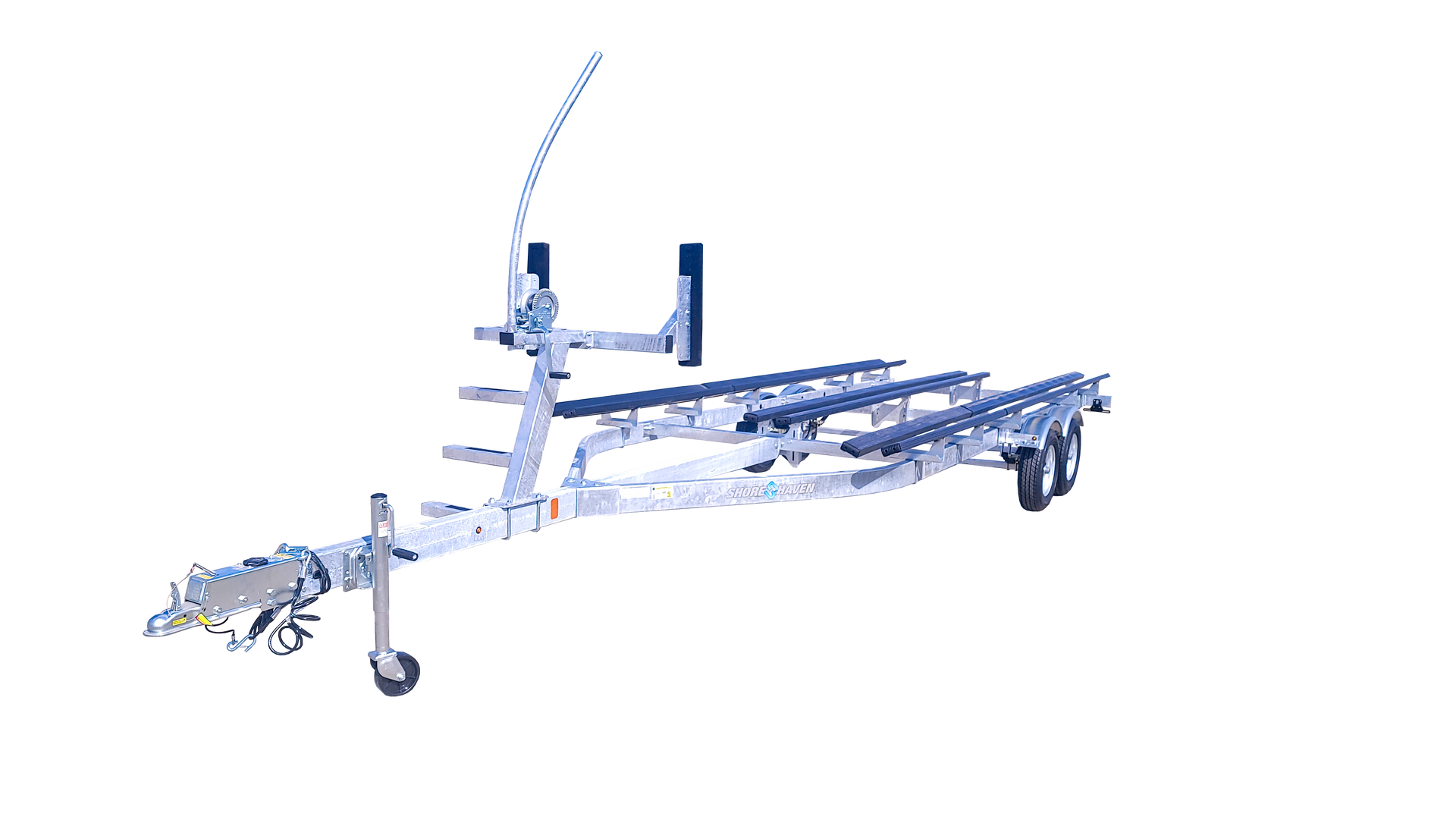 Galvanized pontoon trailer with winch post, guide-ons, and heavy-duty tires for stable towing