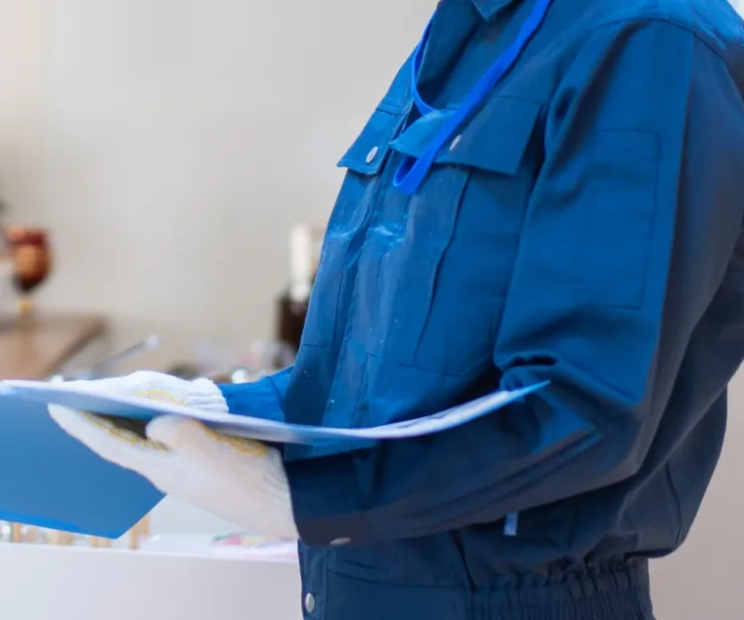 Healthcare worker in blue scrubs holding a clipboard in a clinical setting