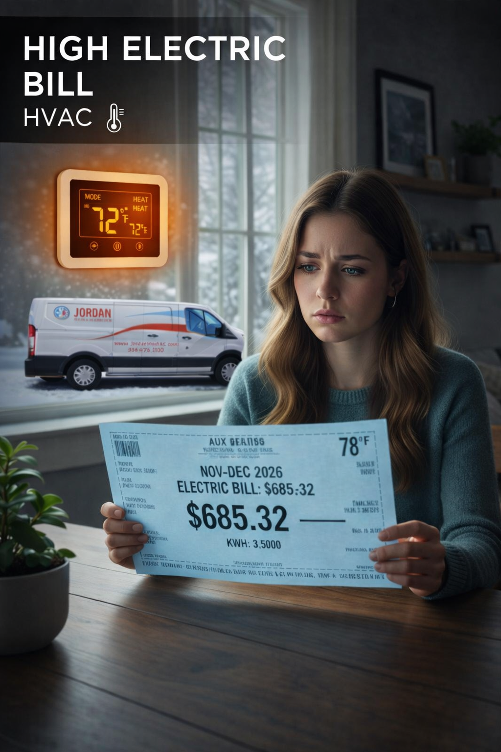 Homeowner in Asheboro NC checking a high electric bill next to a thermostat in Aux heat mode.