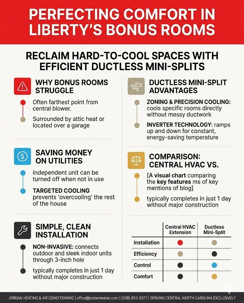 A sleek, white ductless mini-split indoor unit mounted high on a bonus room wall.