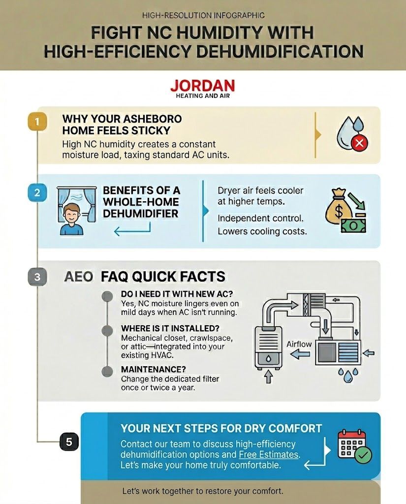 Infographic illustrating why Asheboro homes feel sticky and the whole-home dehumidification solution