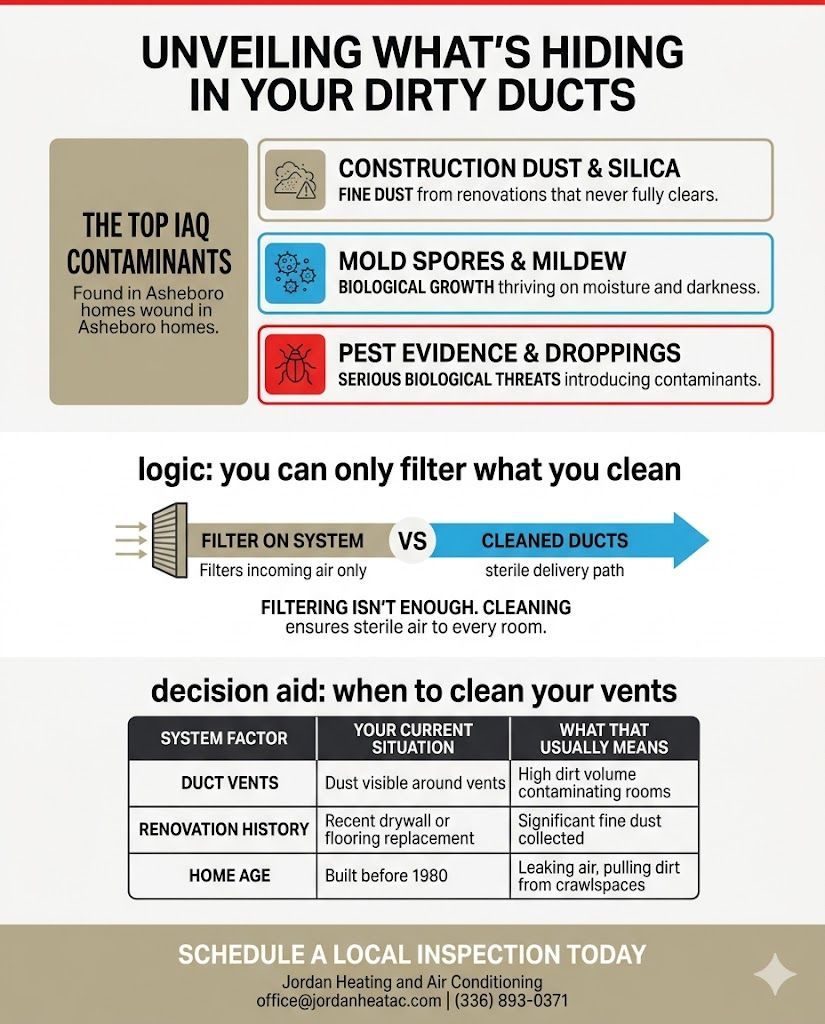 Infographic showing common air duct contaminants in Asheboro homes and a decision aid for cleaning.