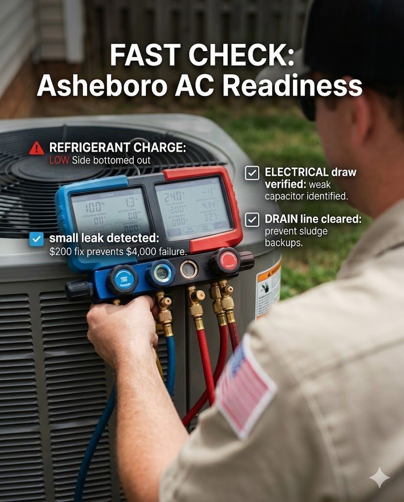 AC repair technician checking refrigerant levels in Asheboro, NC.