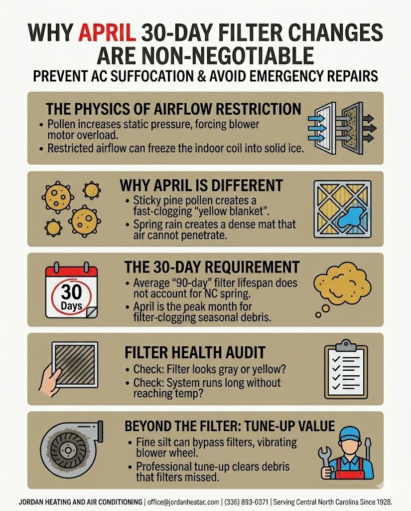 A dirty, pollen-clogged air filter compared to a clean white filter.