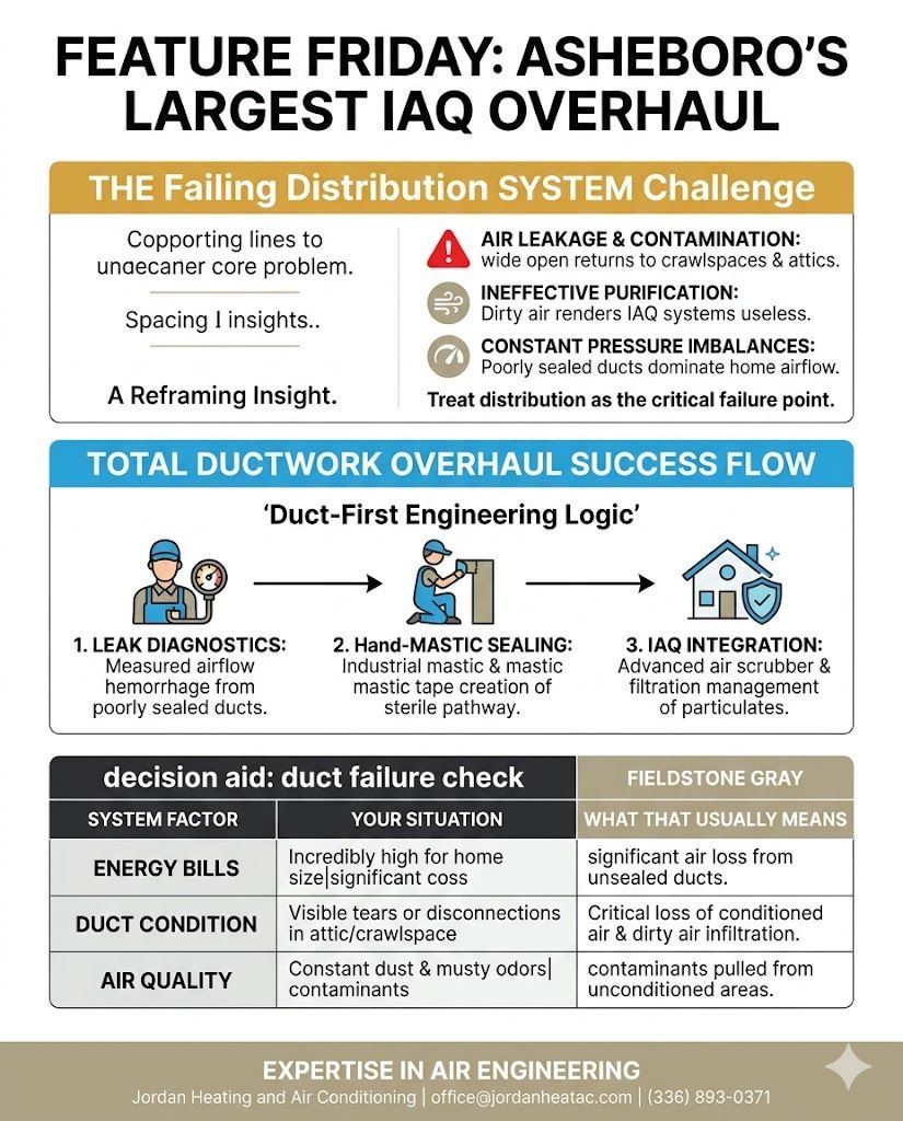 Infographic showcasing a large-scale ductwork overhaul in Asheboro NC, highlighting hand-mastic seal