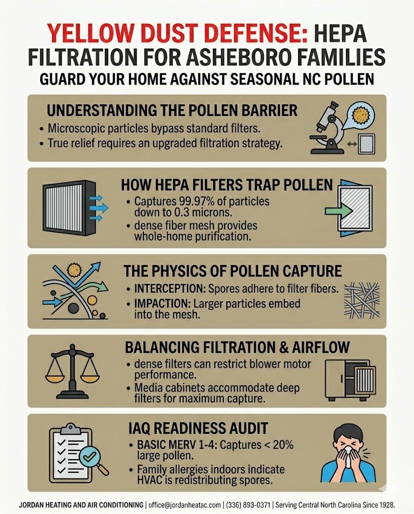 A close-up of a high-efficiency HEPA air filter showing the dense fiber mesh.