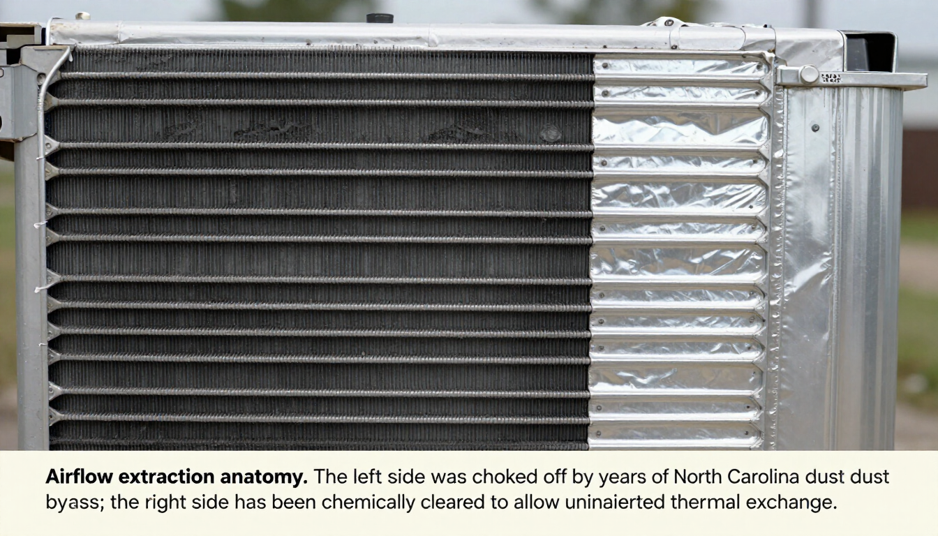 Professional HVAC service technician cleaning an oxidized indoor evaporator coil in Asheboro, NC.