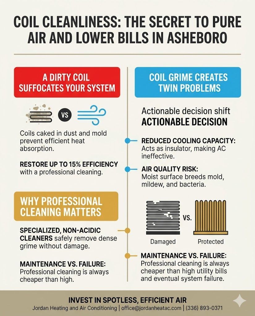 Infographic showing how professional evaporator coil cleaning improves indoor air quality and reduce