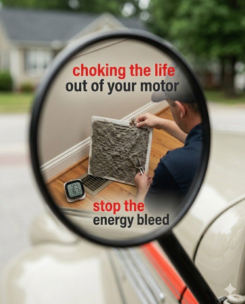 Close-up view through a service truck mirror of a technician holding a matted, gray HVAC filter in a