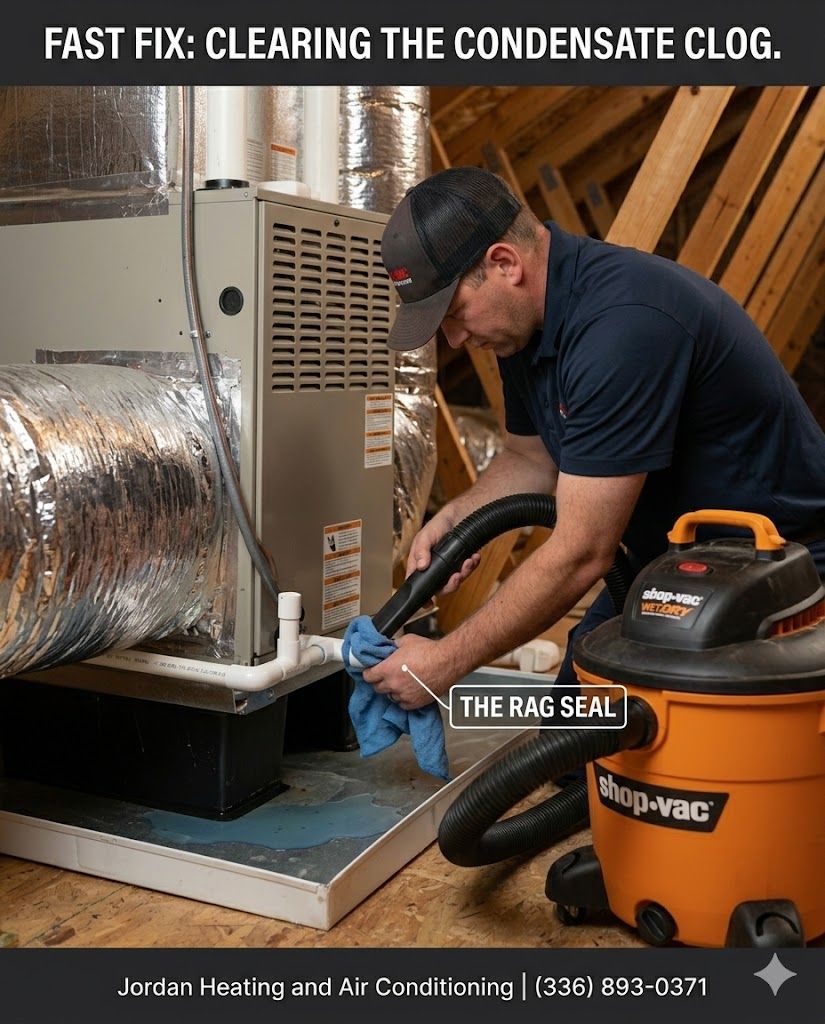 Homeowner using a shop vacuum to clear a clogged AC condensate line.