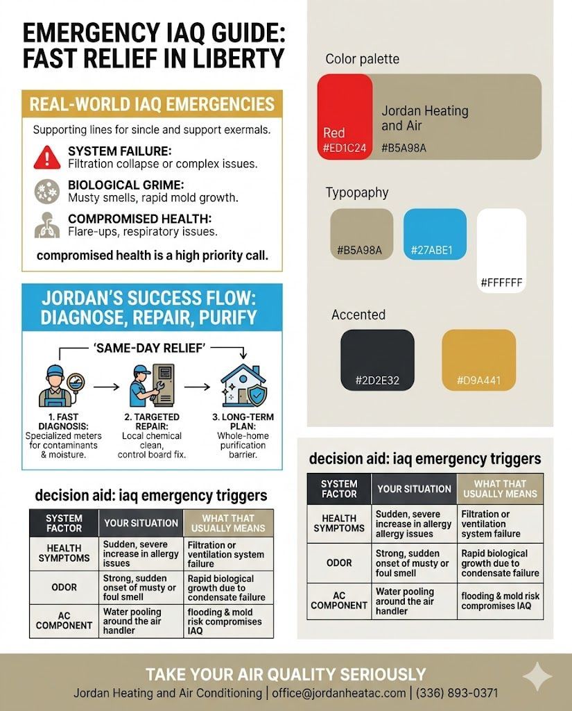 Infographic outlining HVAC emergency indoor air quality triggers and Jordan Heating and Air’s same-d