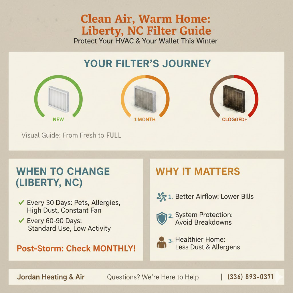 Dirty pleated HVAC air filter replacement in Liberty NC.