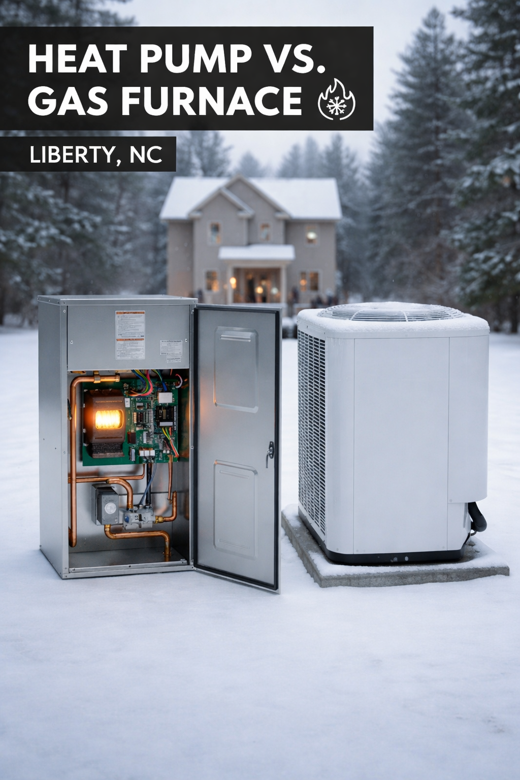 Side-by-side comparison of a gas furnace and a heat pump in a snowy Liberty NC setting.