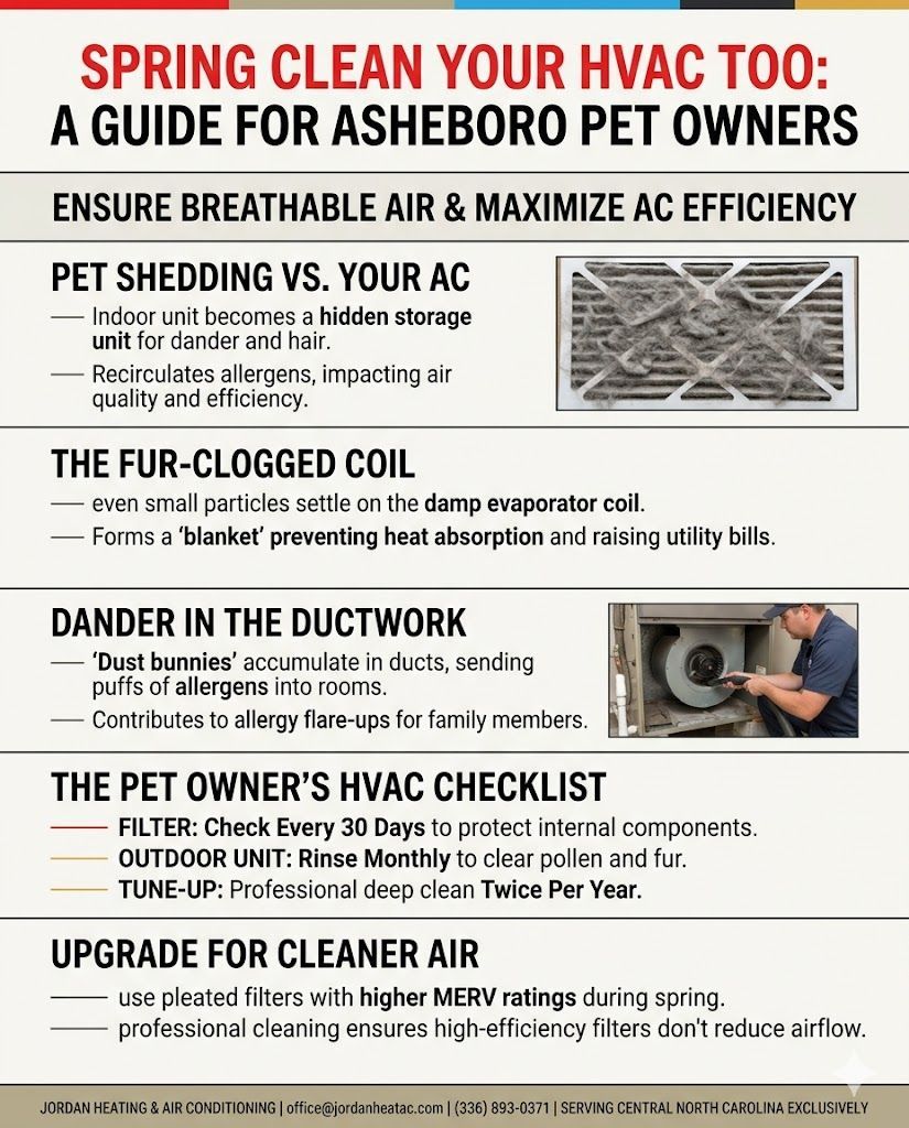 A close-up of a heavily clogged HVAC air filter filled with gray pet hair and dust.