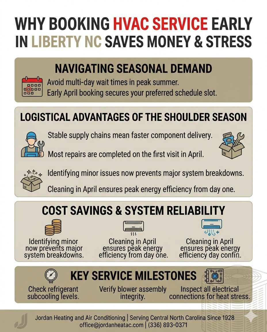 A clean HVAC unit in a Liberty NC backyard during early spring.