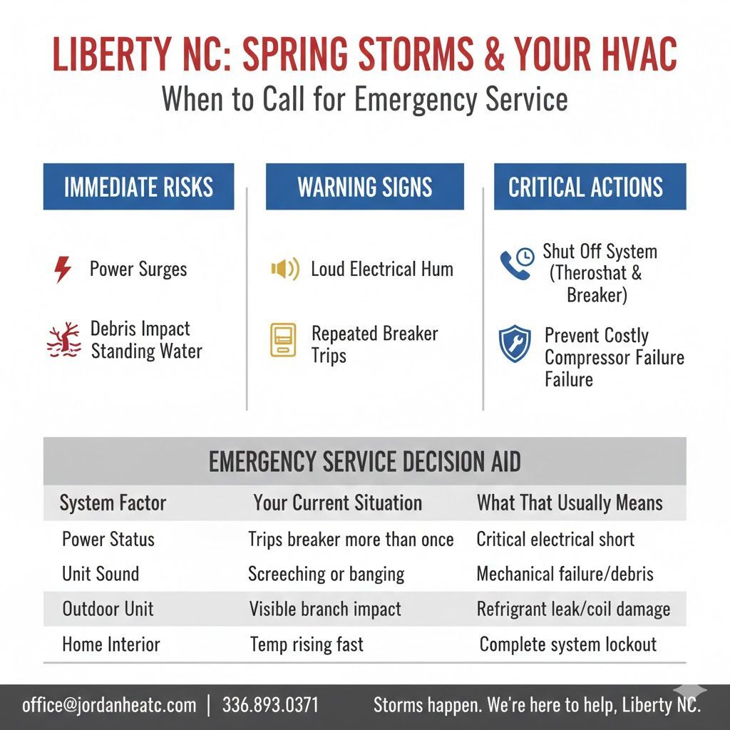 Emergency HVAC repair technician servicing a unit in Liberty NC after a storm.
