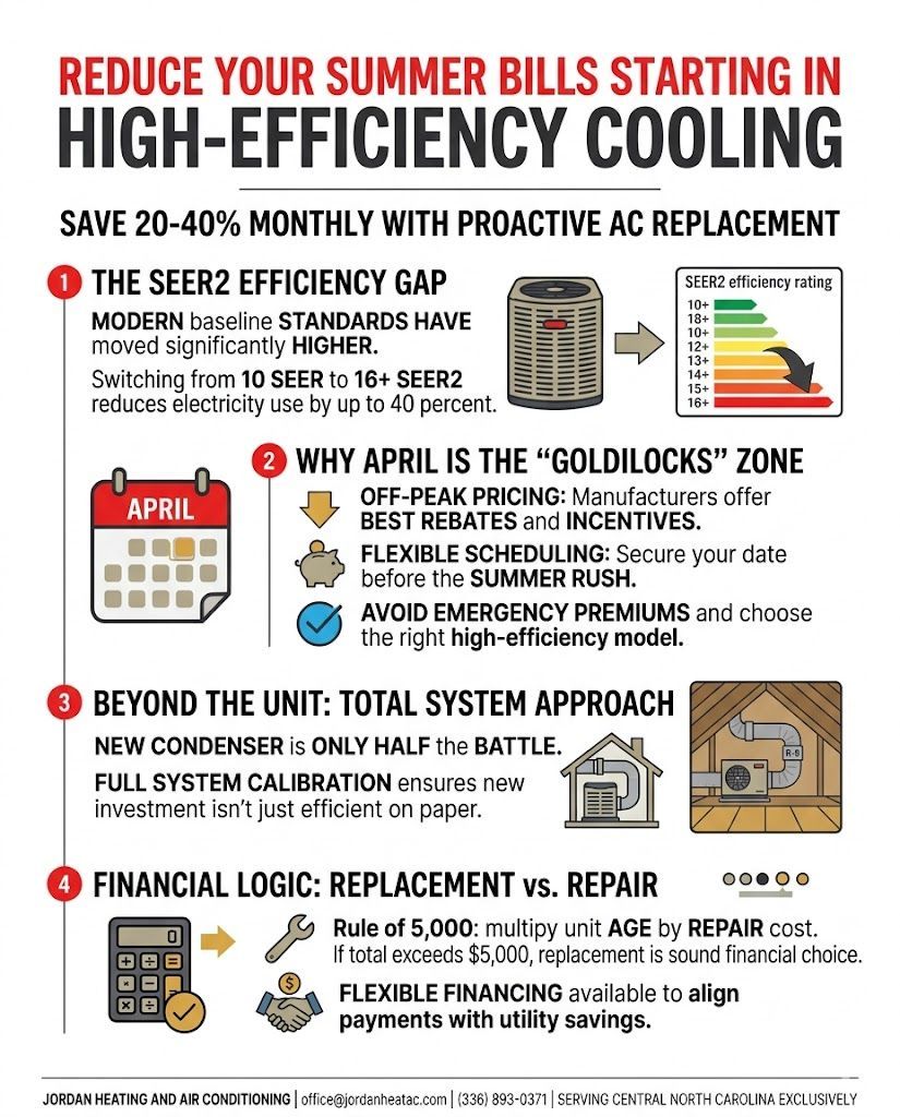 A modern high-efficiency AC condenser unit installed on a clean gravel pad.