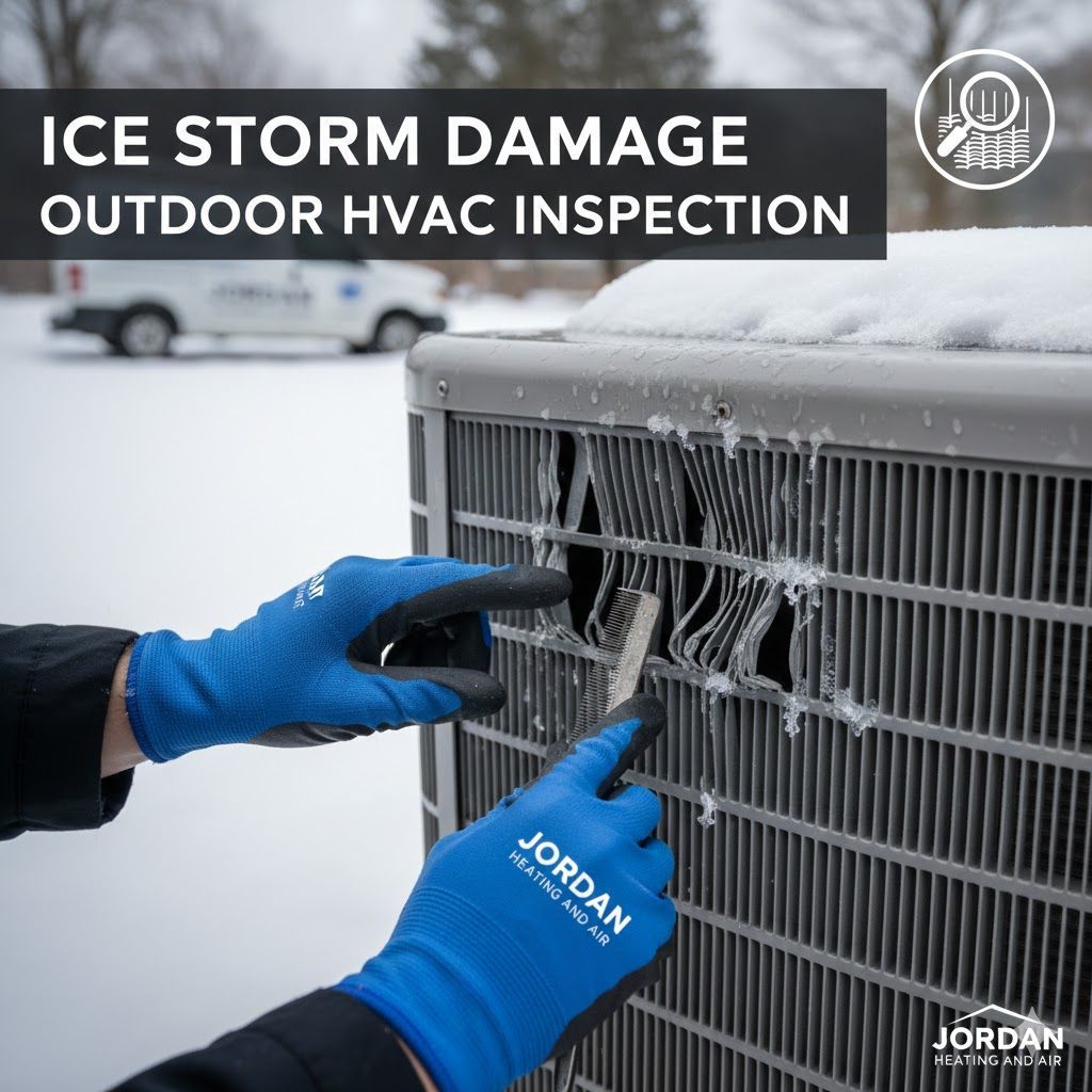 Technician inspecting bent fins on AC unit in an Asheboro NC backyard.