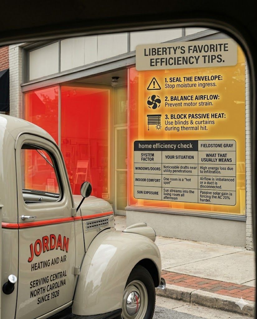 A Jordan Heating and Air vintage service truck parked in front of a Liberty, NC storefront featuring