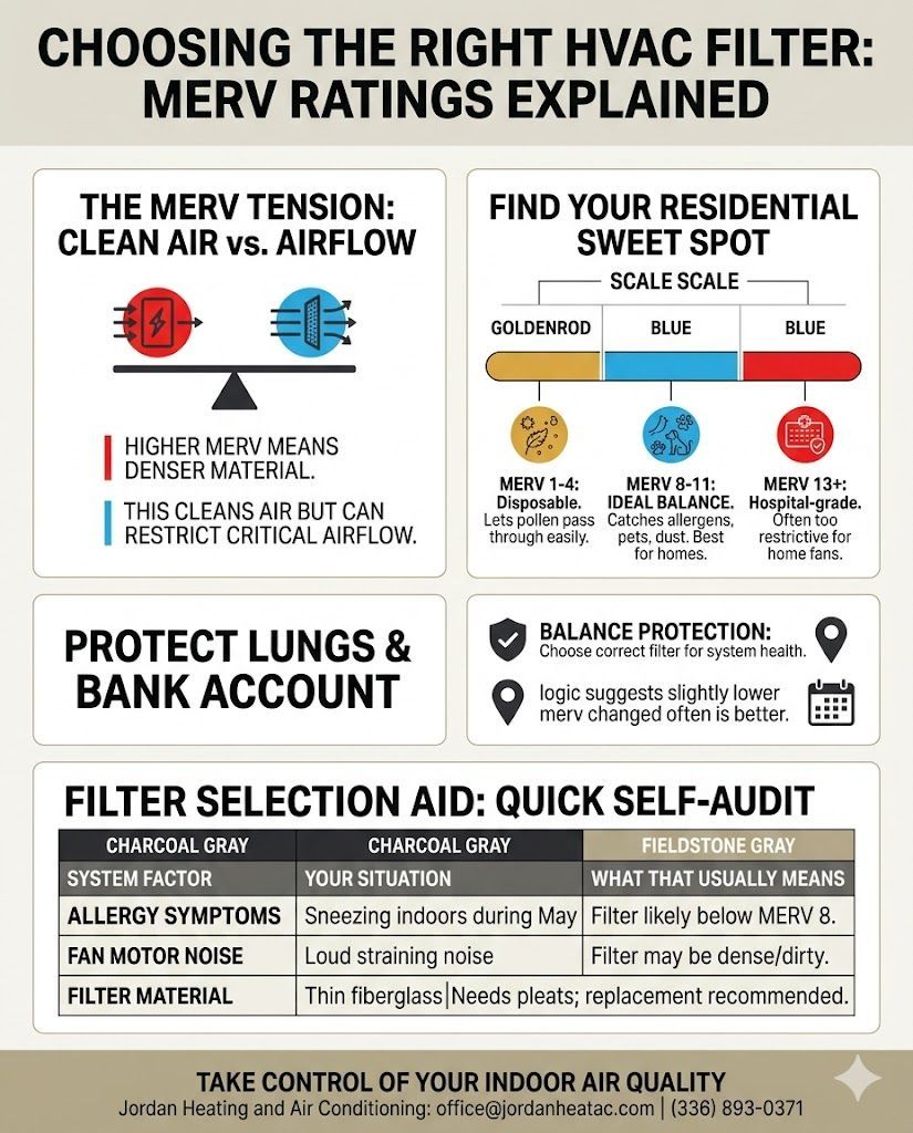 A visual decision-making guide comparing MERV ratings for residential HVAC systems, featuring a filt