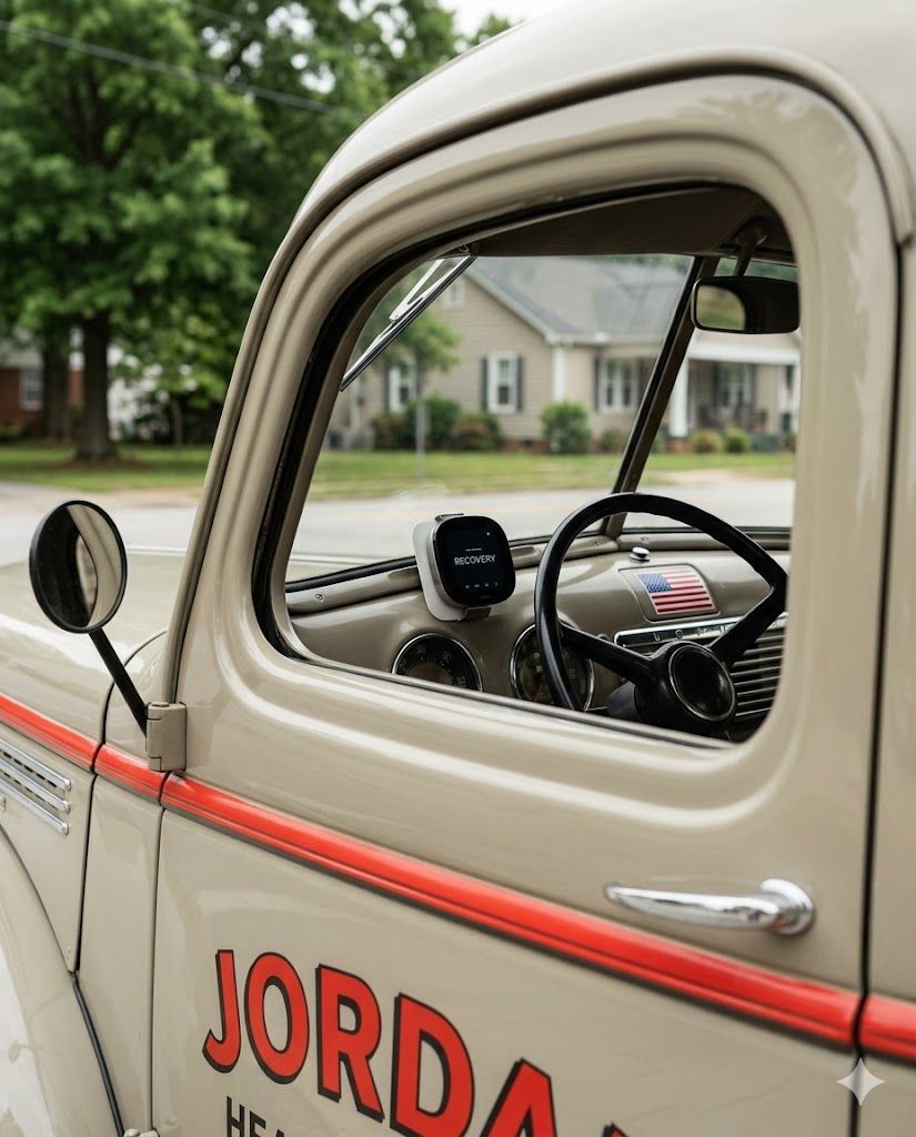 A smart thermostat displaying 'Recovery' mode inside a Jordan Heating and Air vintage service truck,