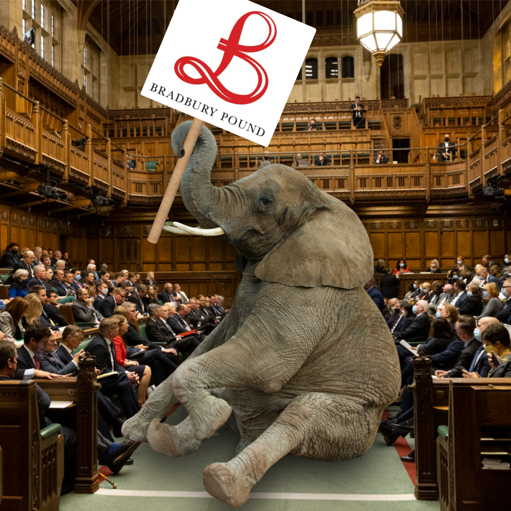 An elephant brandishing a Bradbury Pound placard sitting in the House of Commons, Westminster