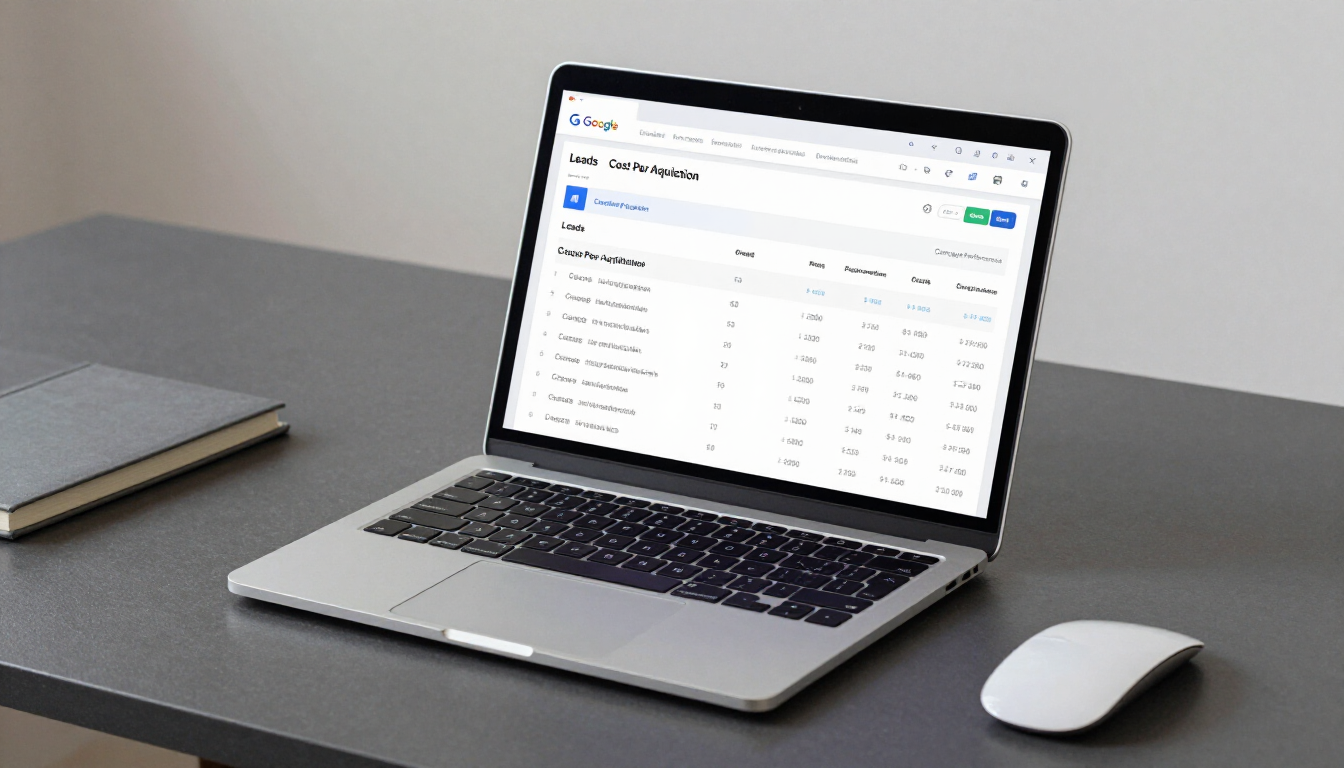 A laptop displaying a data table on a desk next to a notebook and a computer mouse.