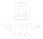 A light gray icon of a document with a notary seal, with the text "Tina's Mobile Notary" below it on a white background.