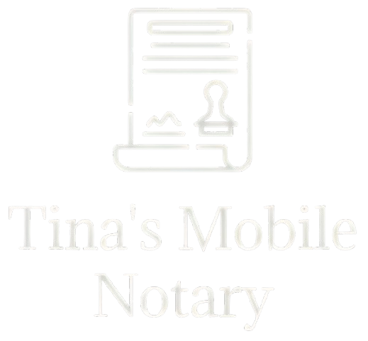 A light gray icon of a document with a notary seal, with the text "Tina's Mobile Notary" below it on a white background.