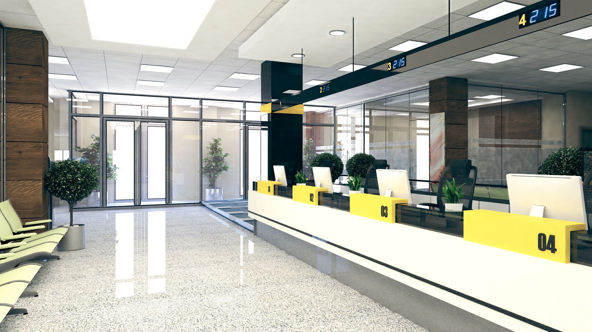 Bright modern office lobby with reception desk, glass doors, plants, and yellow seating.