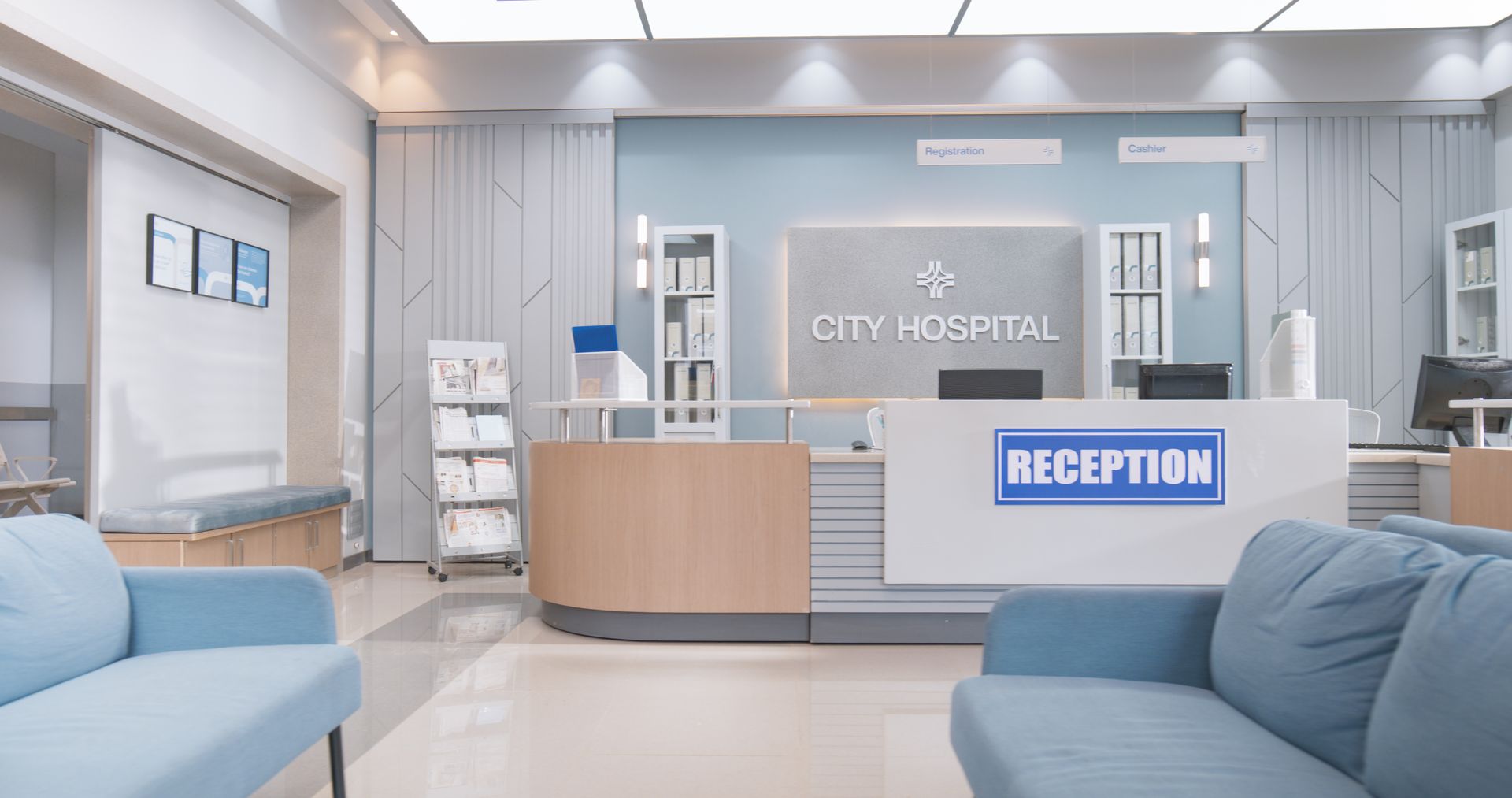 Bright hospital reception desk.