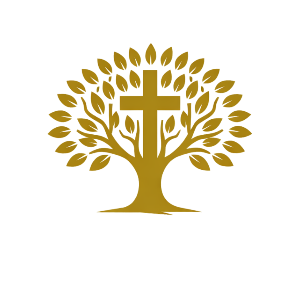 A gold-colored graphic of a tree with a cross integrated into its trunk and branches on a white background.