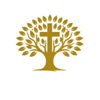 A gold-colored graphic of a tree with a cross integrated into its trunk and branches on a white background.