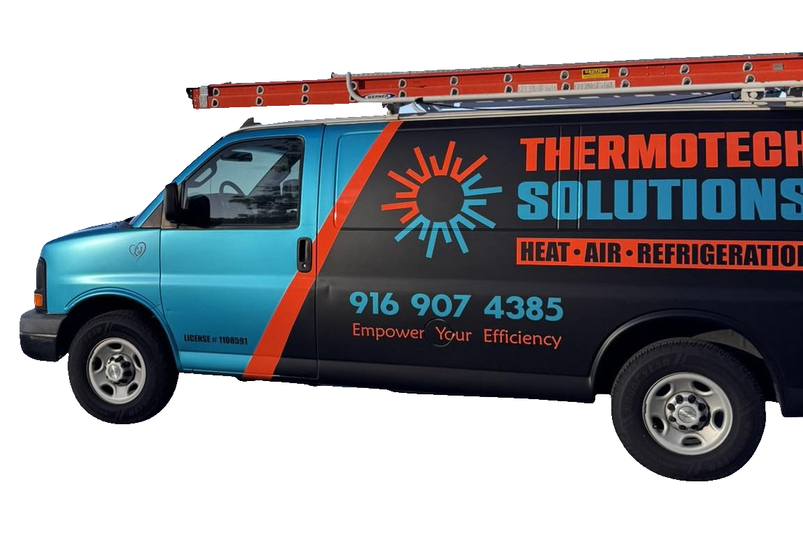 Blue and black Thermotech Solutions van with a ladder on top.