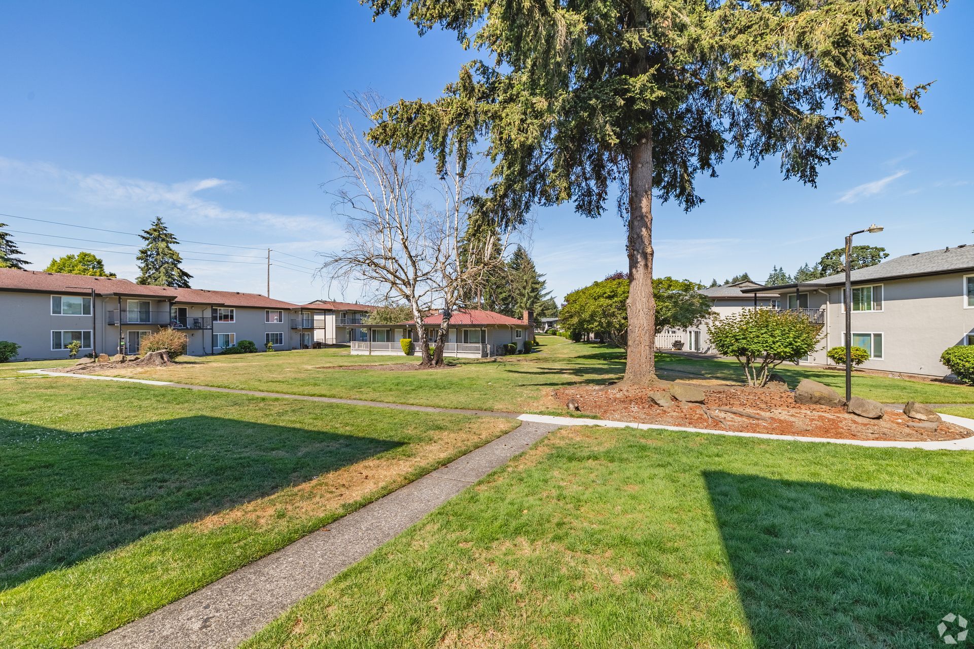 Apartment courtyard with green lawn, walkway, and trees under clear blue sky