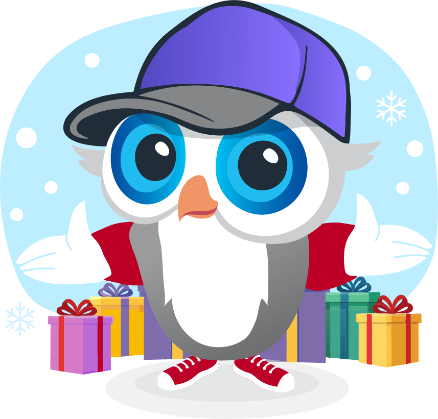 A cartoon owl wearing a hat and a red shirt is surrounded by gifts.