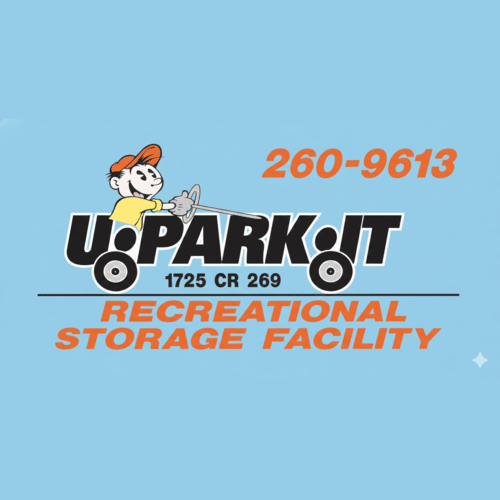 Logo for U-Park-It recreational storage facility: cartoon character pulling a storage cart, orange text on a blue background.