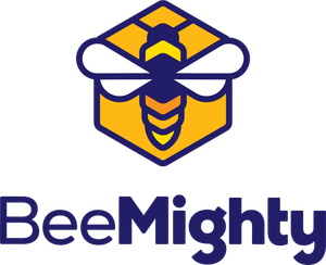 Logo of a bee inside a yellow hexagon with the words 