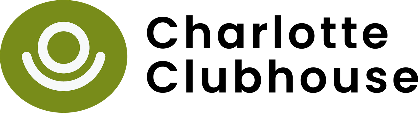 Logo of Charlotte Clubhouse: green circle with white design and black text.