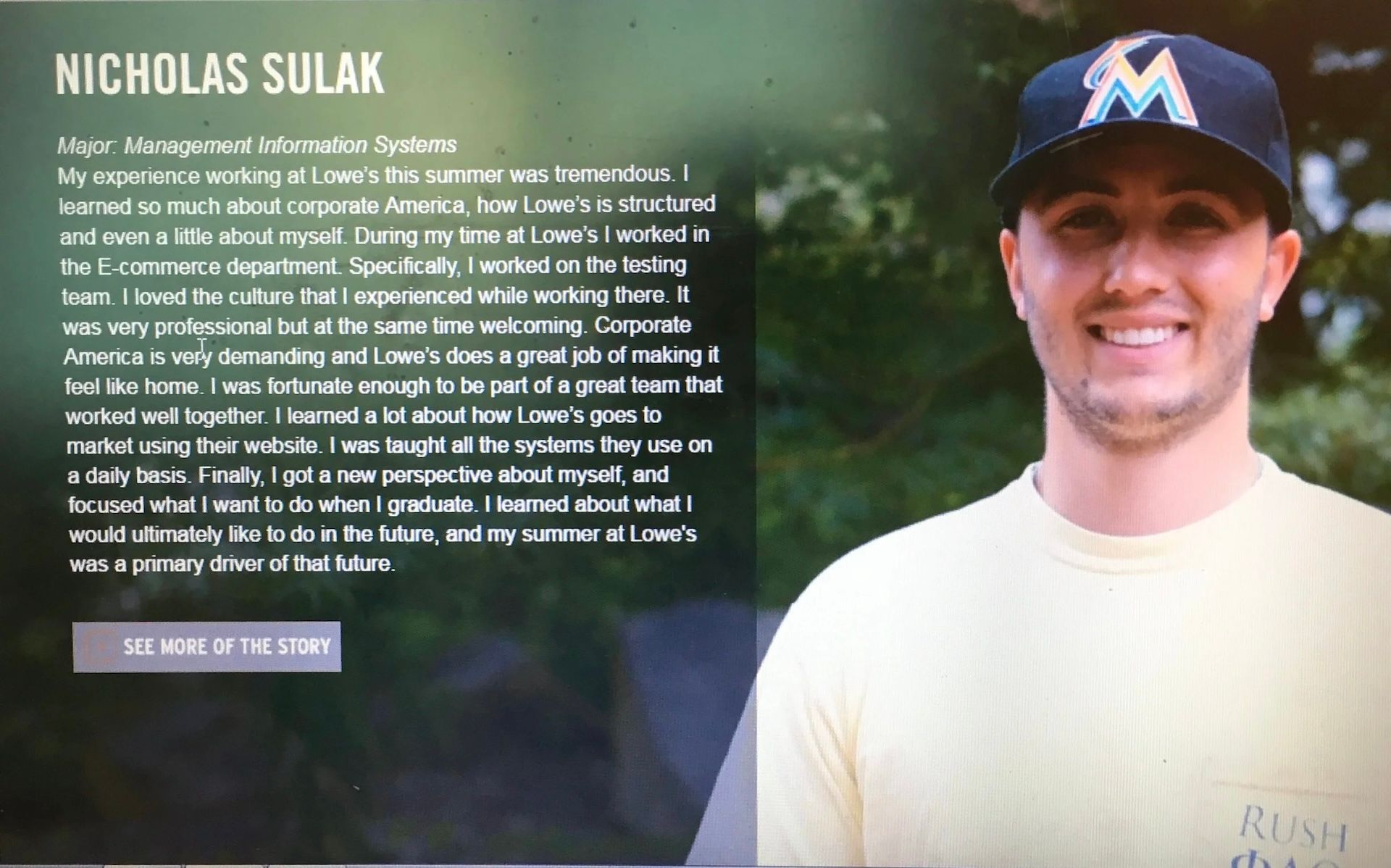Nicholas Sulak wearing a Miami Marlins hat, with text describing his experience at Lowe’s.
