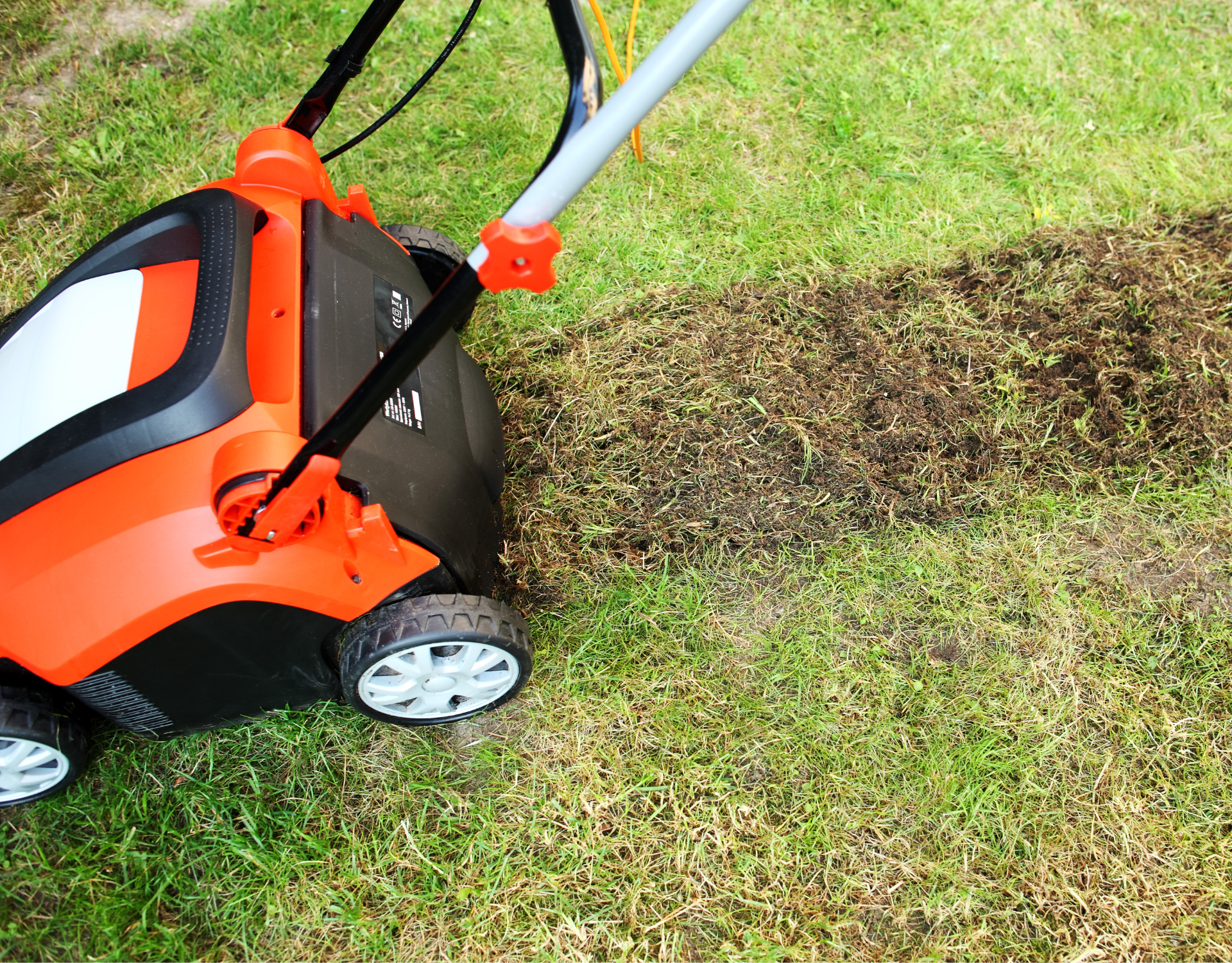An orange and black lawn mower is sitting on a lush green lawn.